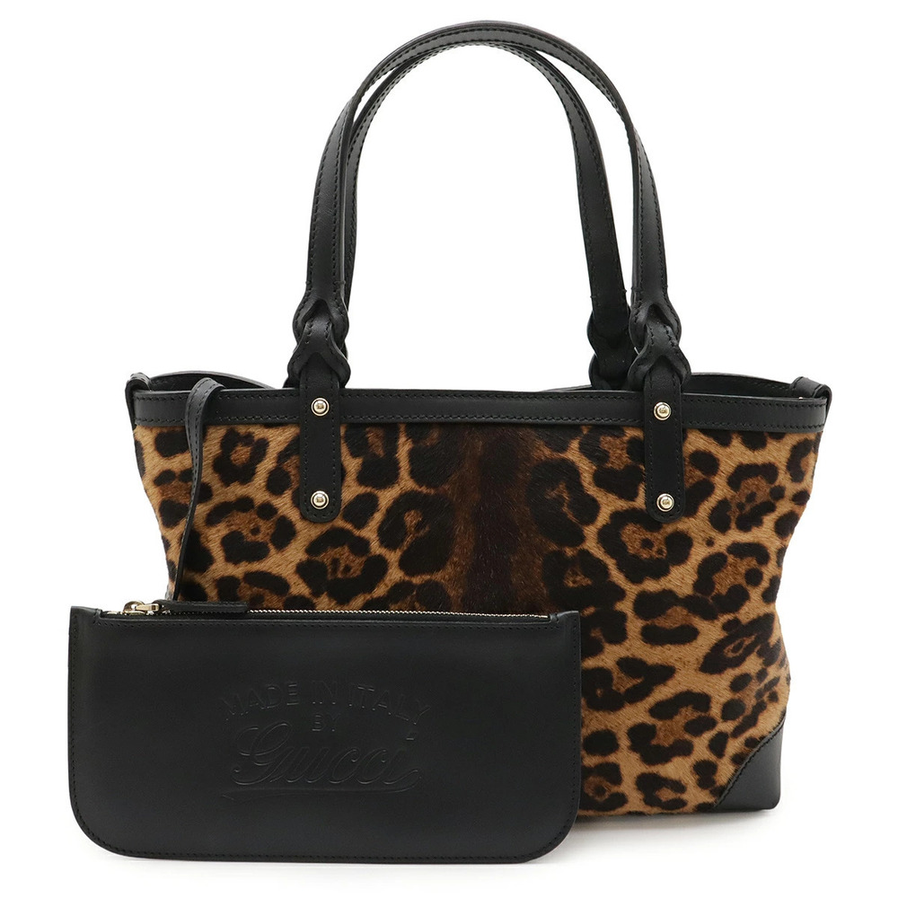 Gucci Tote Bag Handbag Leopard Calfskin Leather Brown Beige Cream Black Pouch
